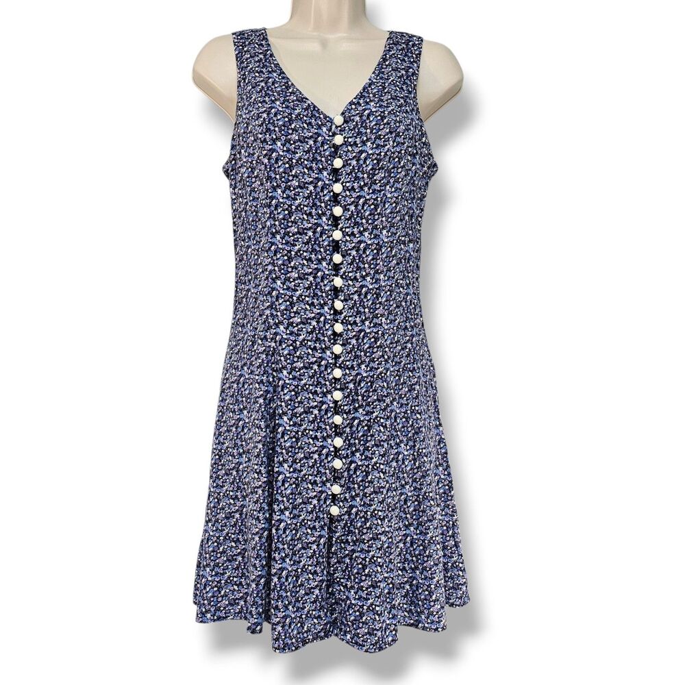 1990s DBY Ltd Blue Floral Button Front Lace Up Back Flared Mini Sundress Size XS